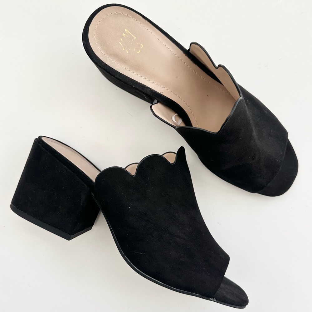 H&M | FAUX SUEDE SCALLOPED MULES SANDALS CHUNKY BLOCK HEELS